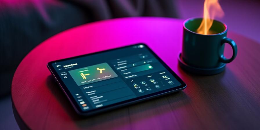 Interfaccia tablet smart home su tavolino moderno